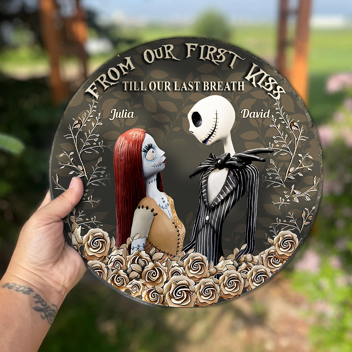 Personalized Round Slate Stone First Kiss Gift for Couples