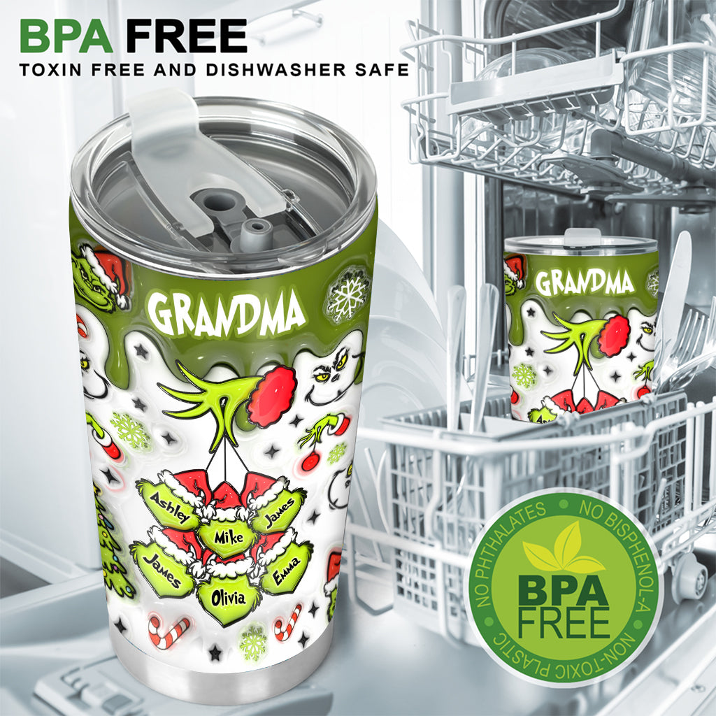 Personalized Christmas Tumbler with Green Snowflakes for Grandma