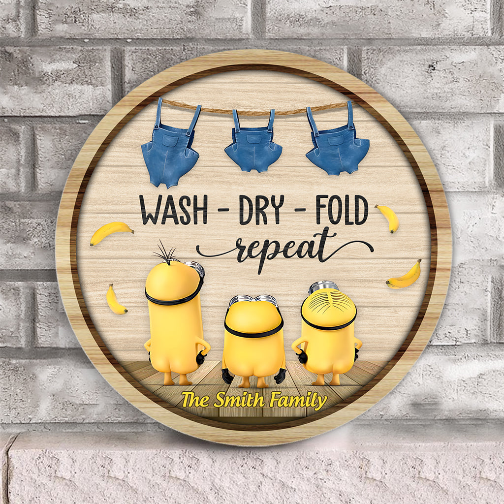 Personalized Round Wood Sign Wash Dry Fold Design Gift for Family