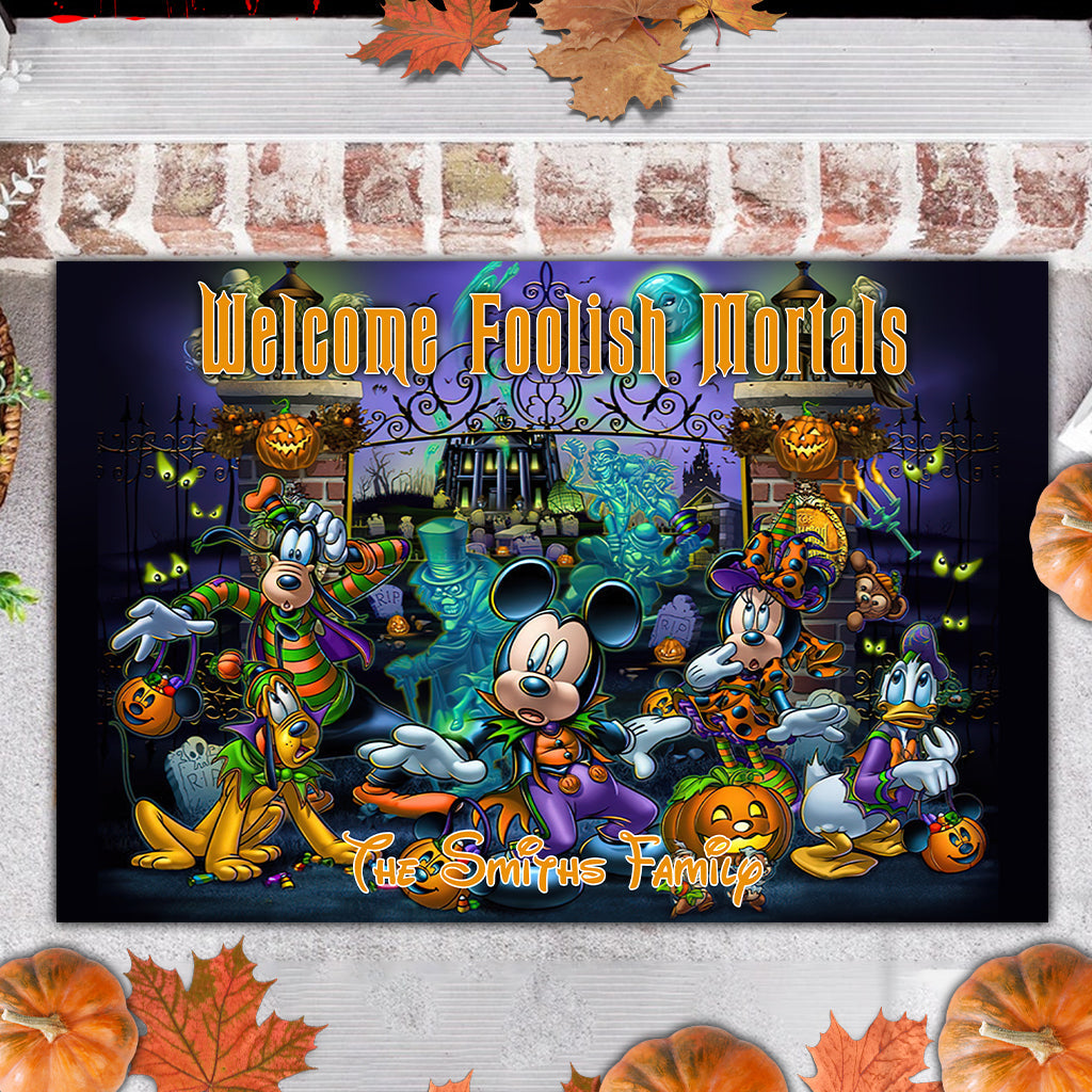 Personalized Welcome Foolish Mortals Doormat for Halloween Housewarming