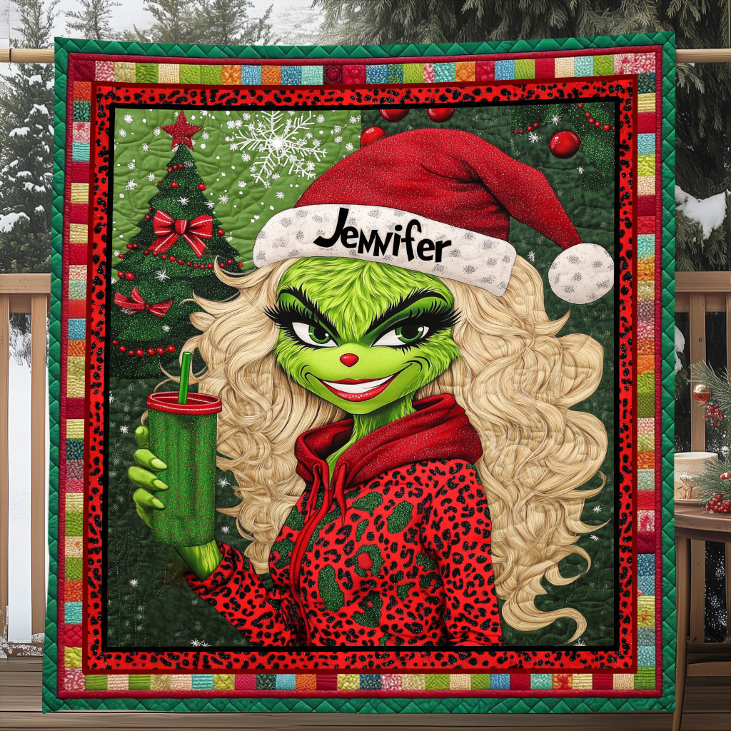 Personalized Christmas Quilt with Green Lady Design for Unique Gifts