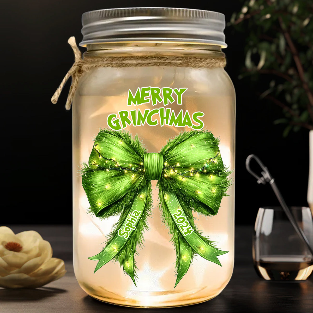 Personalized Grinchy Mason Jar Light Christmas Decor Gift