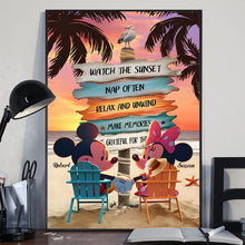 Load image into Gallery viewer, Personalized Mouse Ears Couple Canvas Sunset Beach Art
