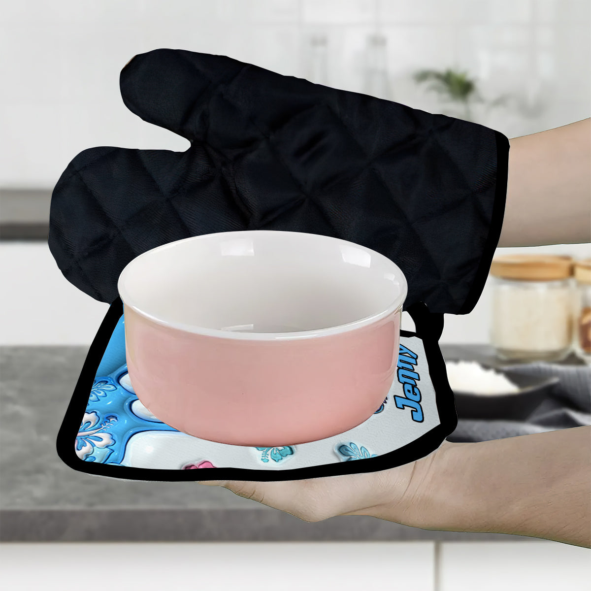 Personalized Ohana Oven Mitts & Pot Holder Set Custom Name Gift for Mom