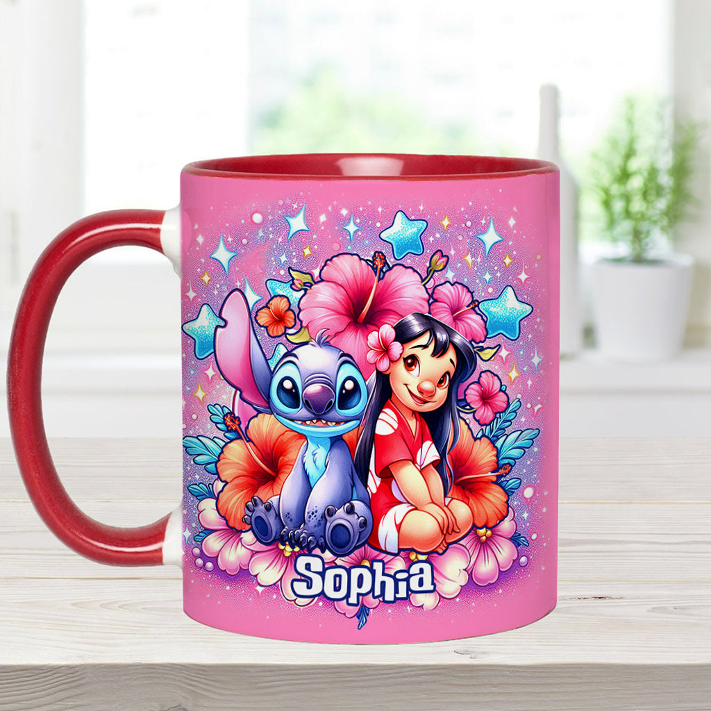 Personalized Pink Accent Mug with Ohana Bubble Flowers Design