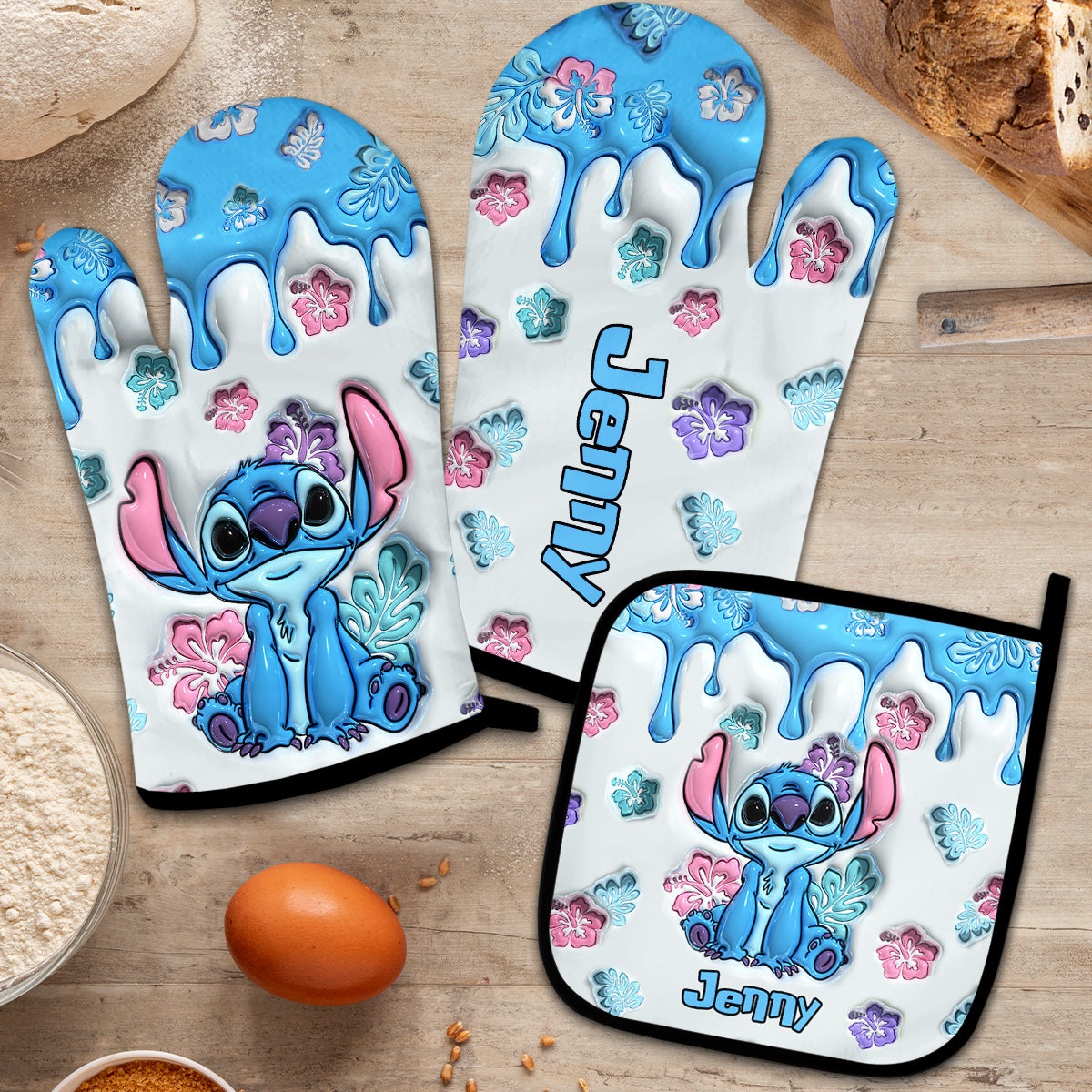Personalized Ohana Oven Mitts & Pot Holder Set Custom Name Gift for Mom