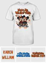 Load image into Gallery viewer, Personalized Couples Mouse T-shirt &amp; Hoodie with Custom Names for Engagement or Anniversary
