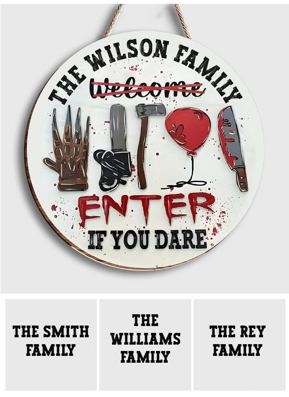 Personalized Halloween Round Wood Sign Custom Family Name Enter If You Dare