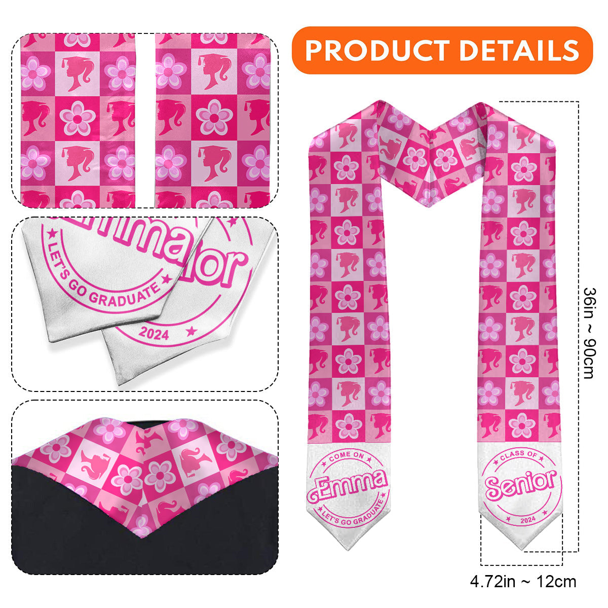 Personalized Pink Graduation Stole Custom Name for Seniors