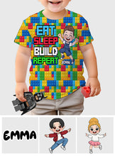 Load image into Gallery viewer, Personalized Fun Kids All Over Shirt with Name – Eat Sleep Build Repeat
