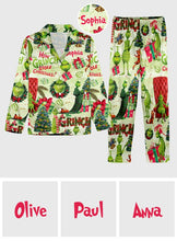Load image into Gallery viewer, Personalized Grinch Christmas Button Down Pajamas for Couples
