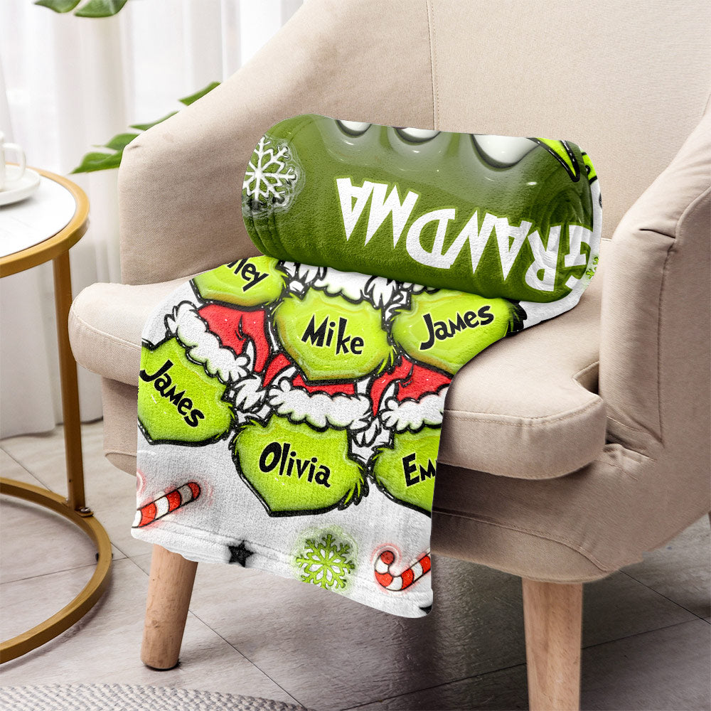 Personalized Christmas Blanket with Snowflakes & Grinch Design for Grandma