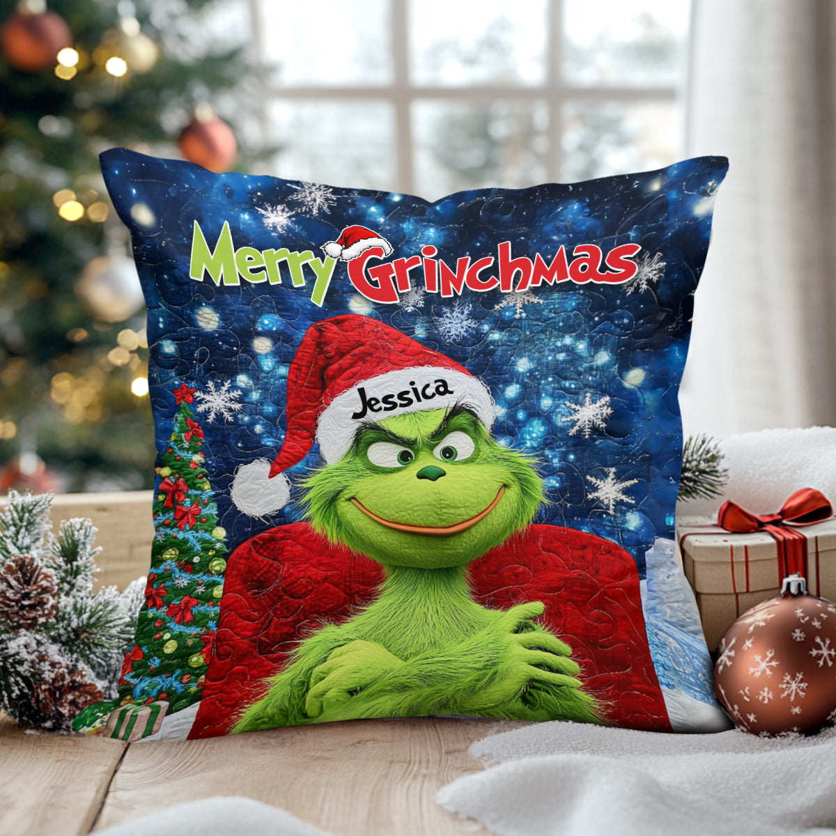 Personalized Merry Grinchmas Throw Pillow Custom Gift for Christmas