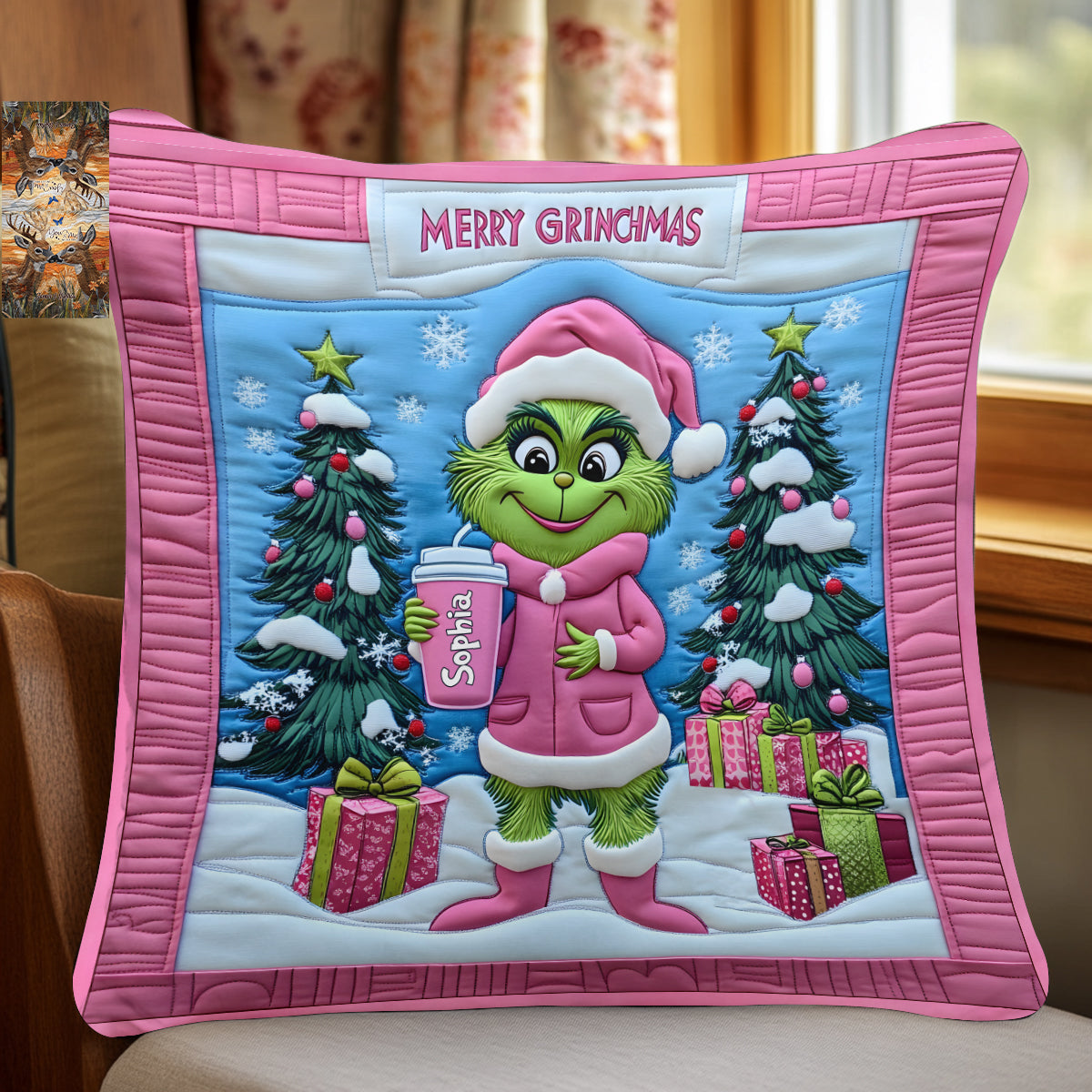 Personalized Grinch Christmas Throw Pillow Custom Name Gift