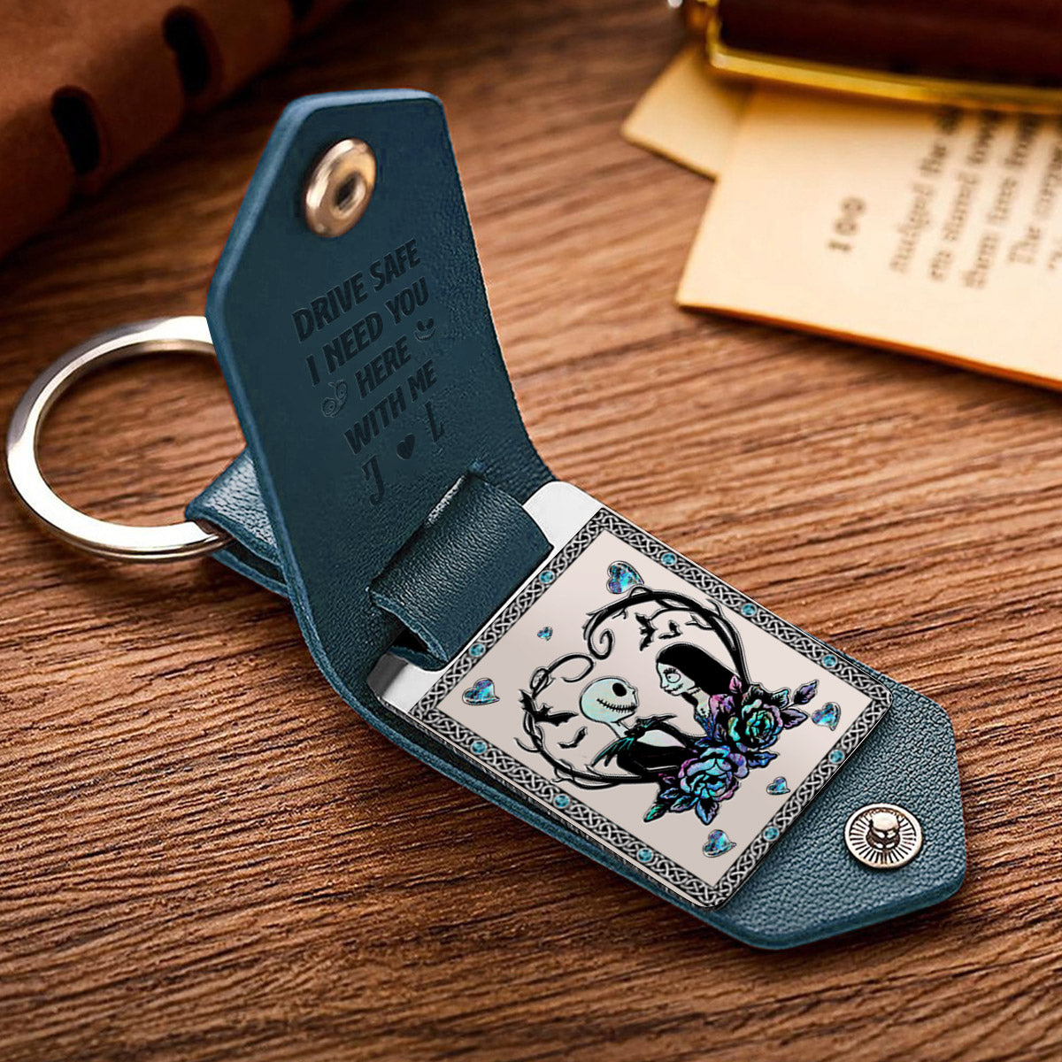 Personalized Leather Photo Keychain Gift for Couples | Drive Safe Reminder