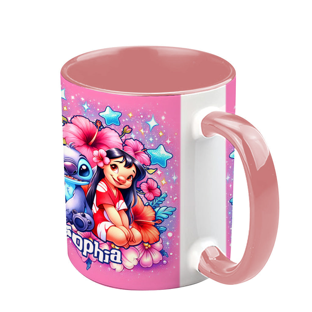 Personalized Pink Accent Mug with Ohana Bubble Flowers Design