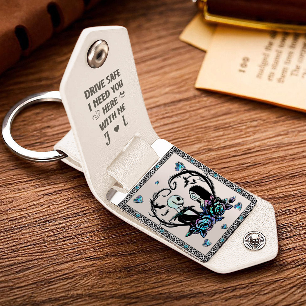Personalized Leather Photo Keychain Gift for Couples | Drive Safe Reminder
