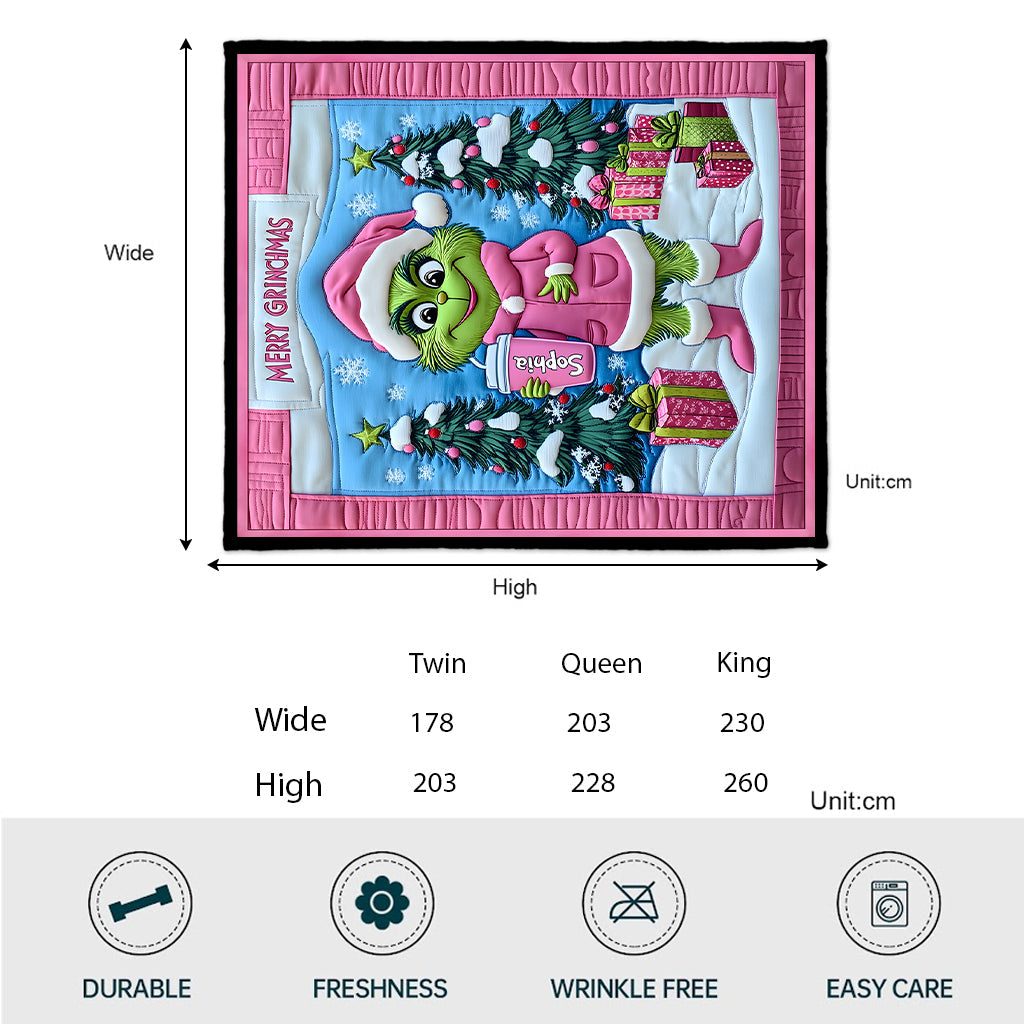 Personalized Grinch Christmas Quilt Custom Name Gift for Kids