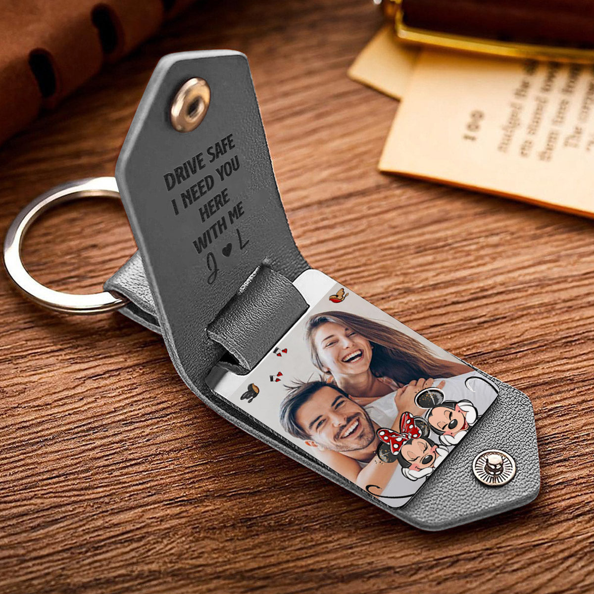 Personalized Leather Photo Keychain Couple Gift with Custom Message