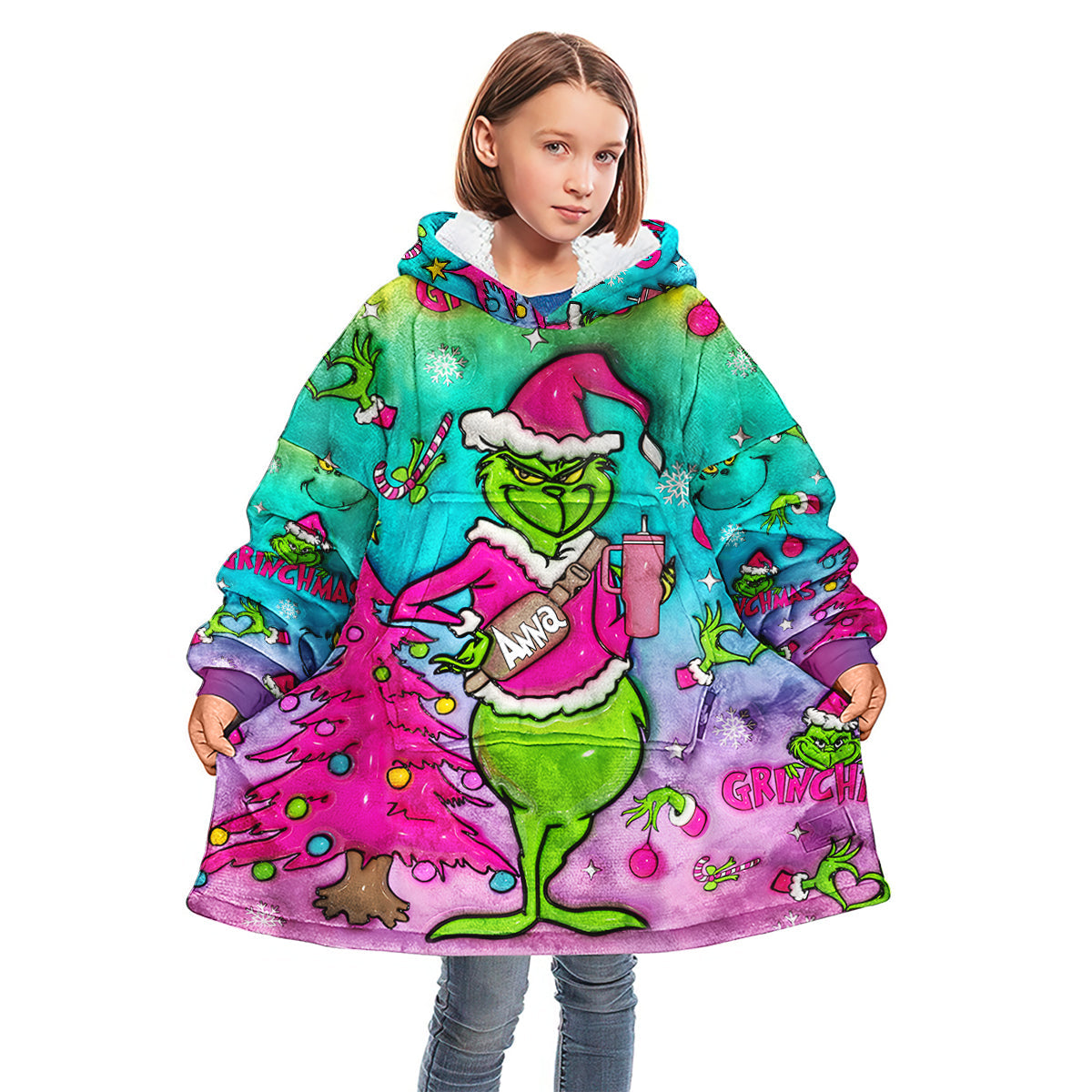 Personalized Grinch Christmas Blanket Hoodie Gift for Kids