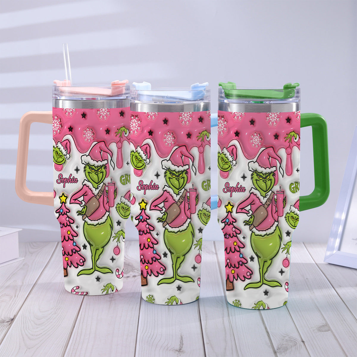 Personalized Grinch Christmas Tumbler with Handle Custom Name Gift