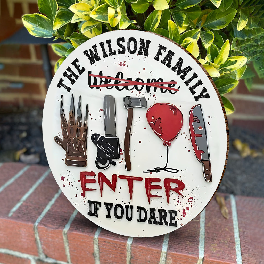 Personalized Halloween Round Wood Sign Custom Family Name Enter If You Dare