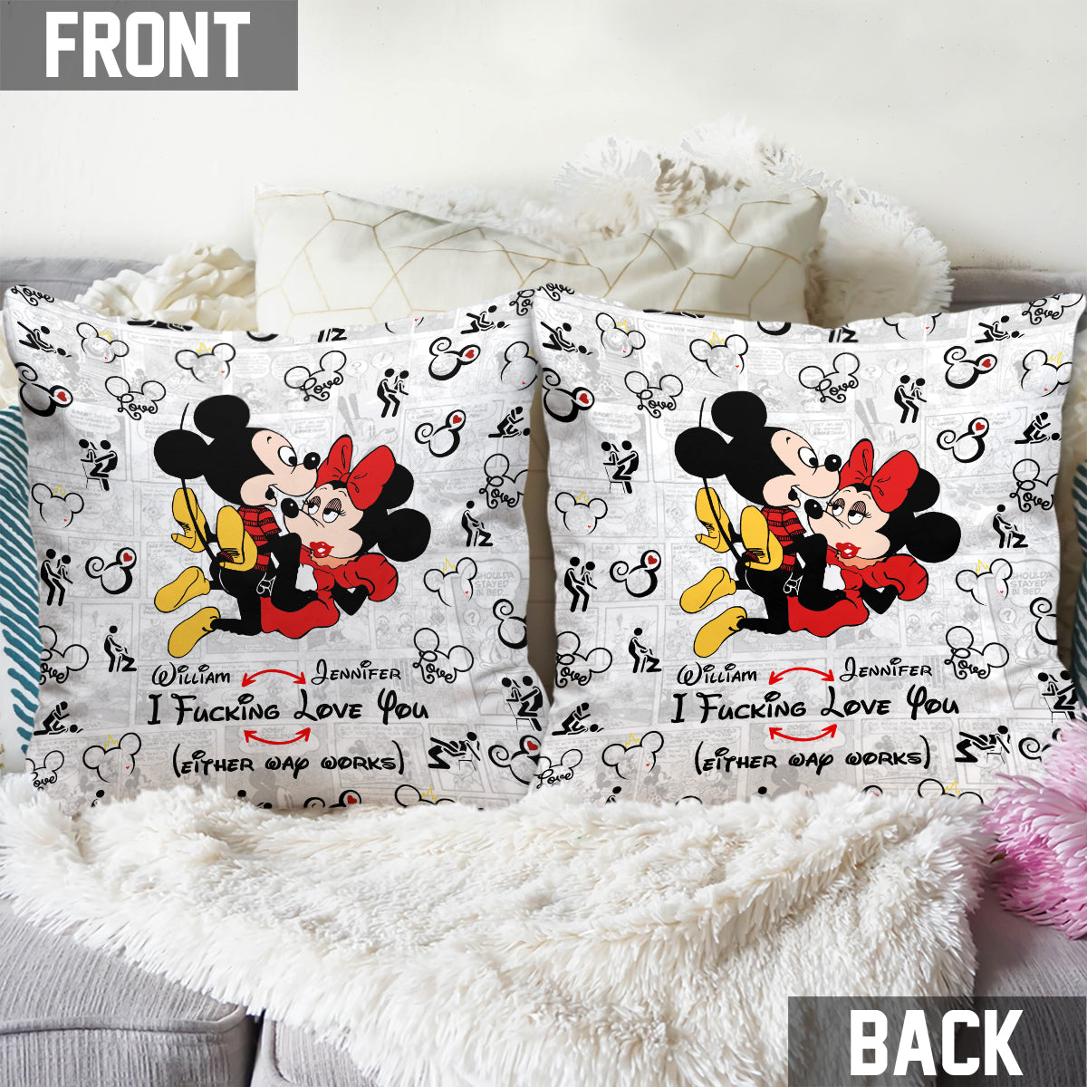 Personalized Mouse Couple Throw Pillow Custom Name Gift for Couples