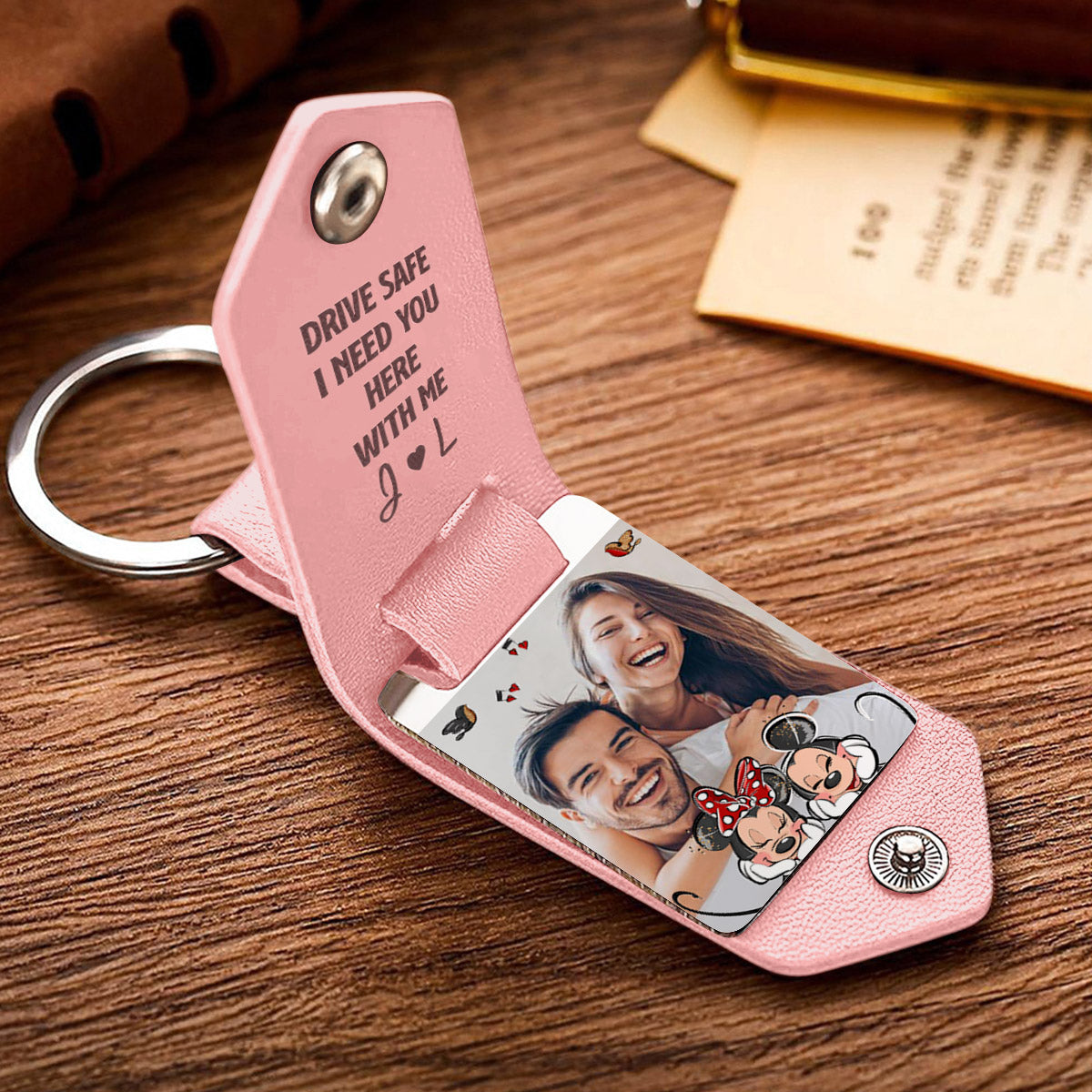 Personalized Leather Photo Keychain Couple Gift with Custom Message
