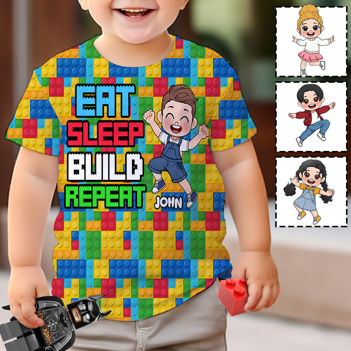 Personalized Fun Kids All Over Shirt with Name – Eat Sleep Build Repeat