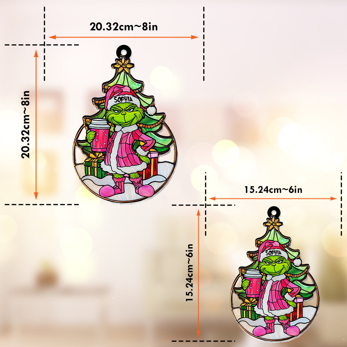 Personalized Grinchy Green Santa Suncatcher Ornament Gift