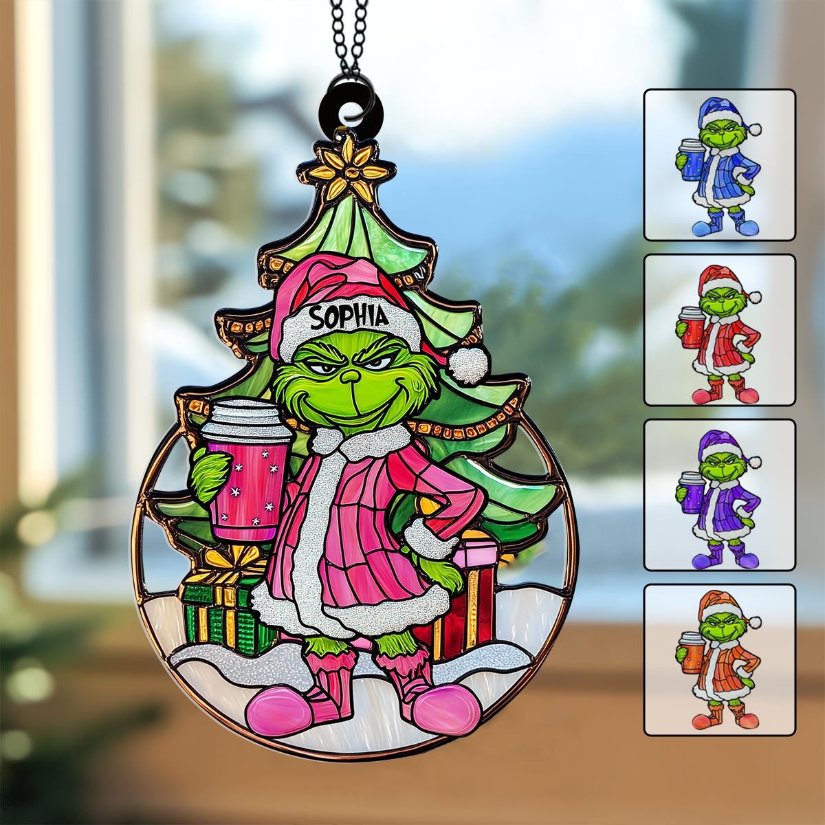 Personalized Grinchy Green Santa Suncatcher Ornament Gift
