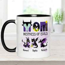 Load image into Gallery viewer, Personalized Two-Tone Accent Mug with 'Mistress of Evils' Design for Mom

