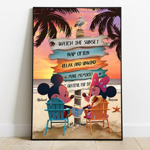 Load image into Gallery viewer, Personalized Mouse Ears Couple Canvas Sunset Beach Art
