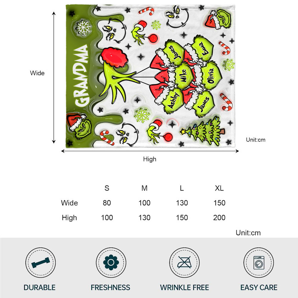 Personalized Christmas Blanket with Snowflakes & Grinch Design for Grandma