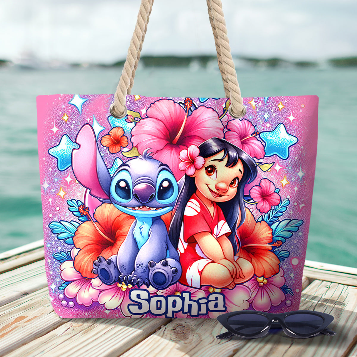 Personalized Cute Bubble Flowers Beach Bag Custom Name for Summer