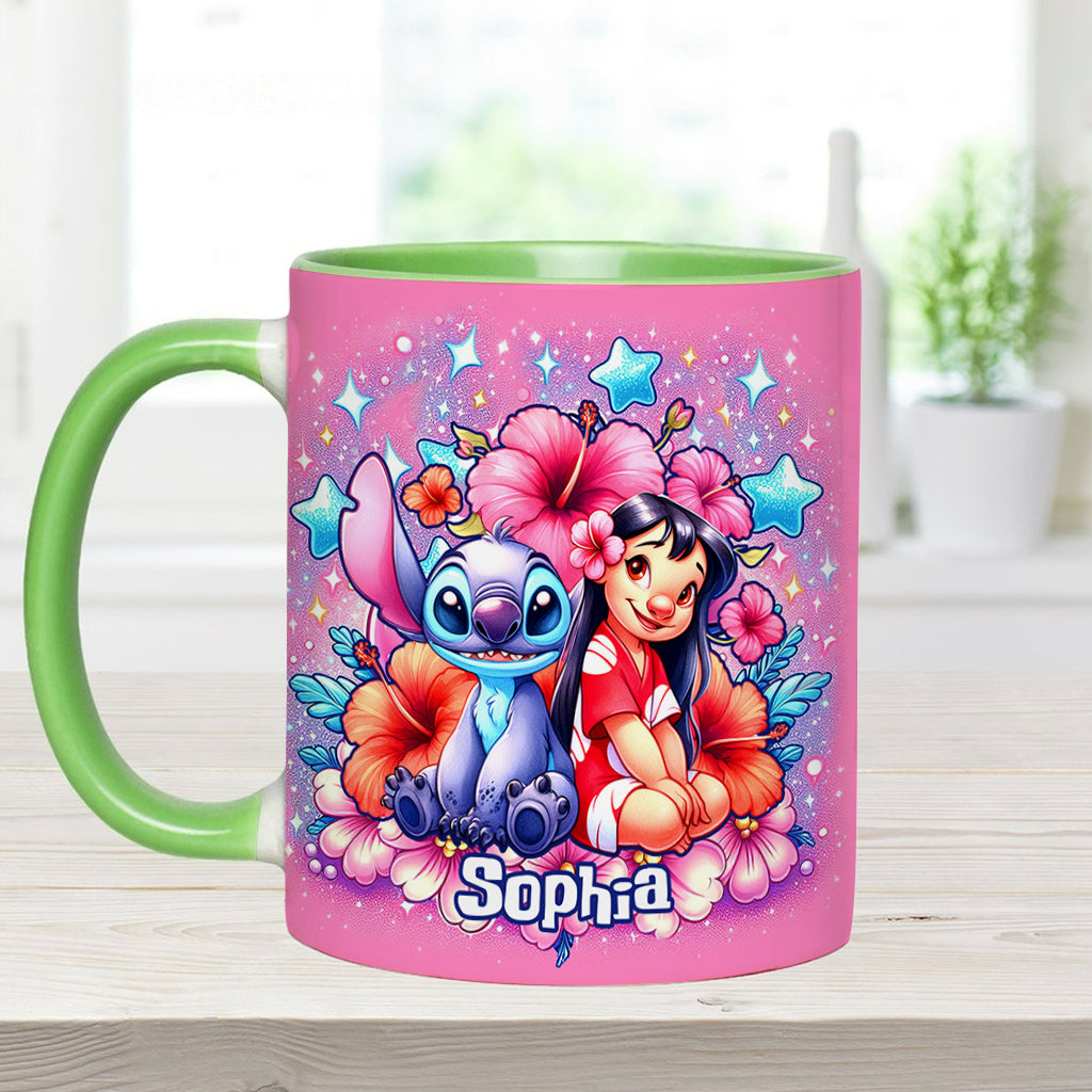 Personalized Pink Accent Mug with Ohana Bubble Flowers Design