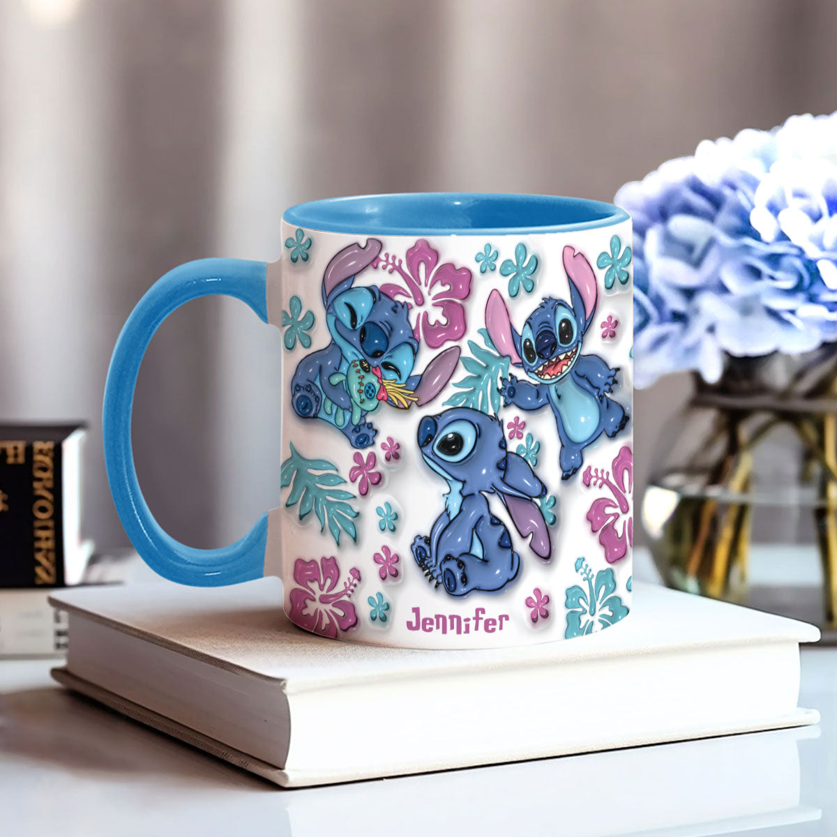 Personalized Accent Mug with Blue Rim Cute Character Design Gift for Mom