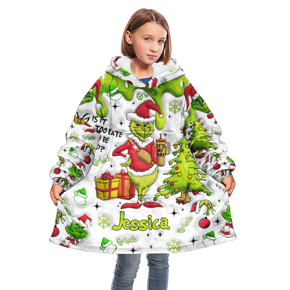 Personalized Grinchmas Blanket Hoodie Gift for Kids - Cozy Holiday Apparel