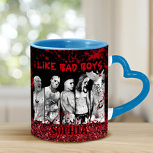 Load image into Gallery viewer, Personalized Heart Handle Mug with 'I Like Bad Boys' Design for Friends
