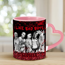 Load image into Gallery viewer, Personalized Heart Handle Mug with 'I Like Bad Boys' Design for Friends
