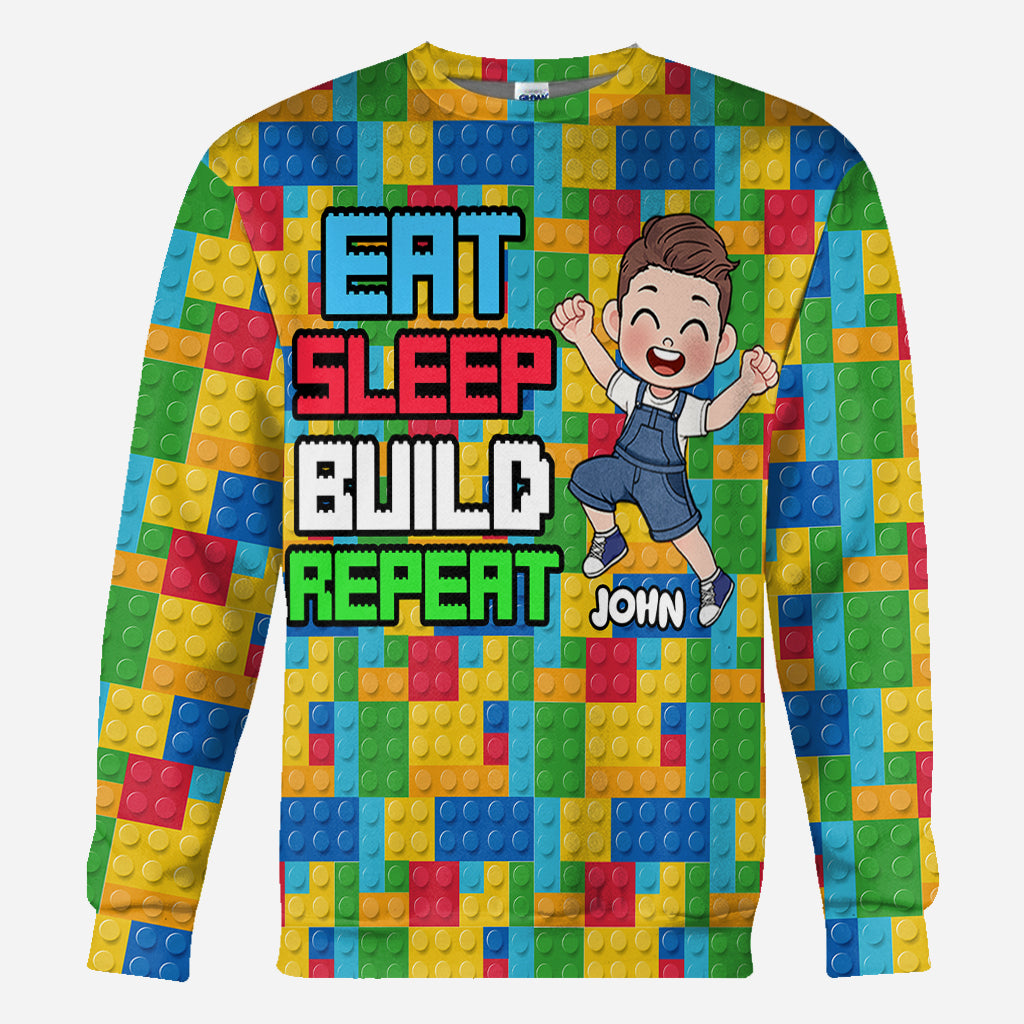Personalized Fun Kids All Over Shirt with Name – Eat Sleep Build Repeat