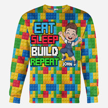 Load image into Gallery viewer, Personalized Fun Kids All Over Shirt with Name – Eat Sleep Build Repeat
