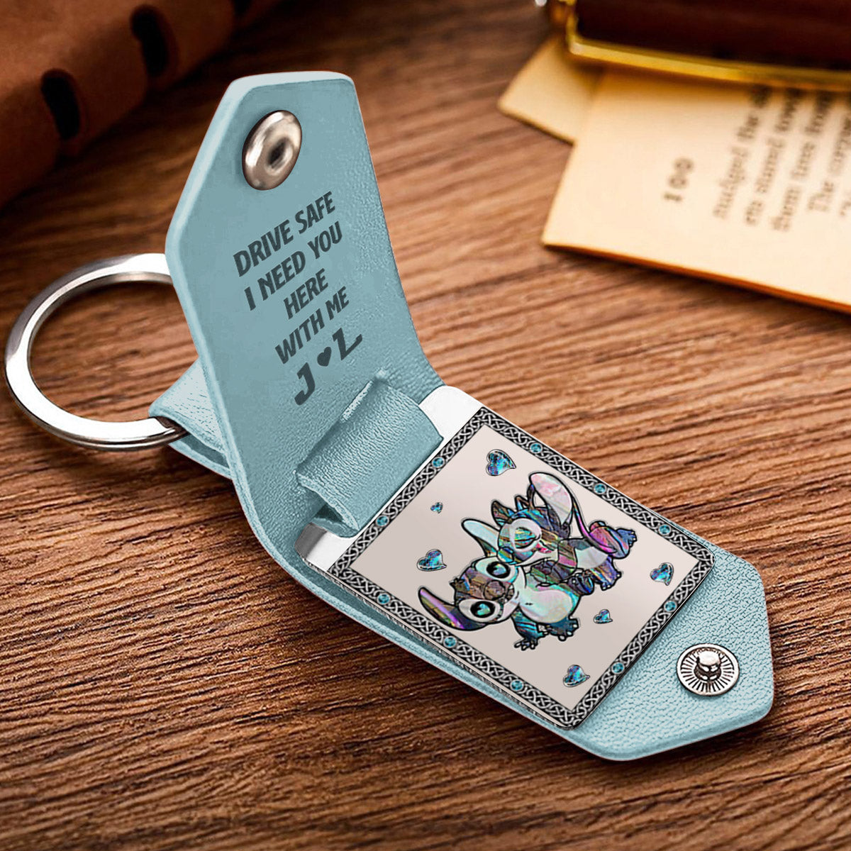Personalized Ohana Leather Photo Keychain Gift for Couple