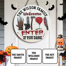 Load image into Gallery viewer, Personalized Halloween Round Wood Sign Custom Family Name Enter If You Dare
