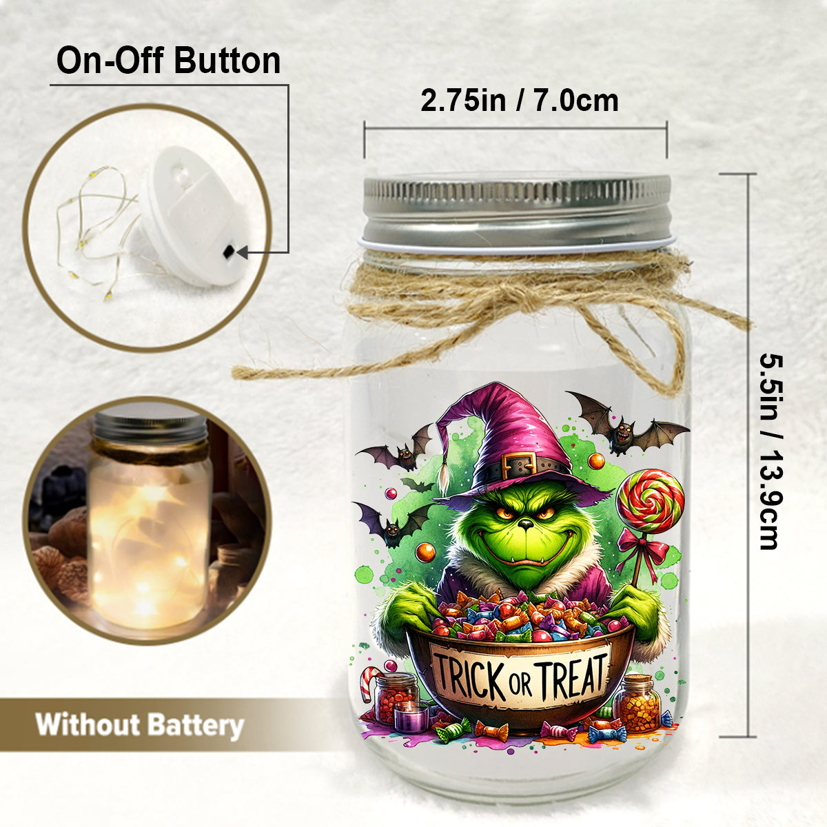 Personalized Grinchy Mason Jar Light Christmas Decor Gift