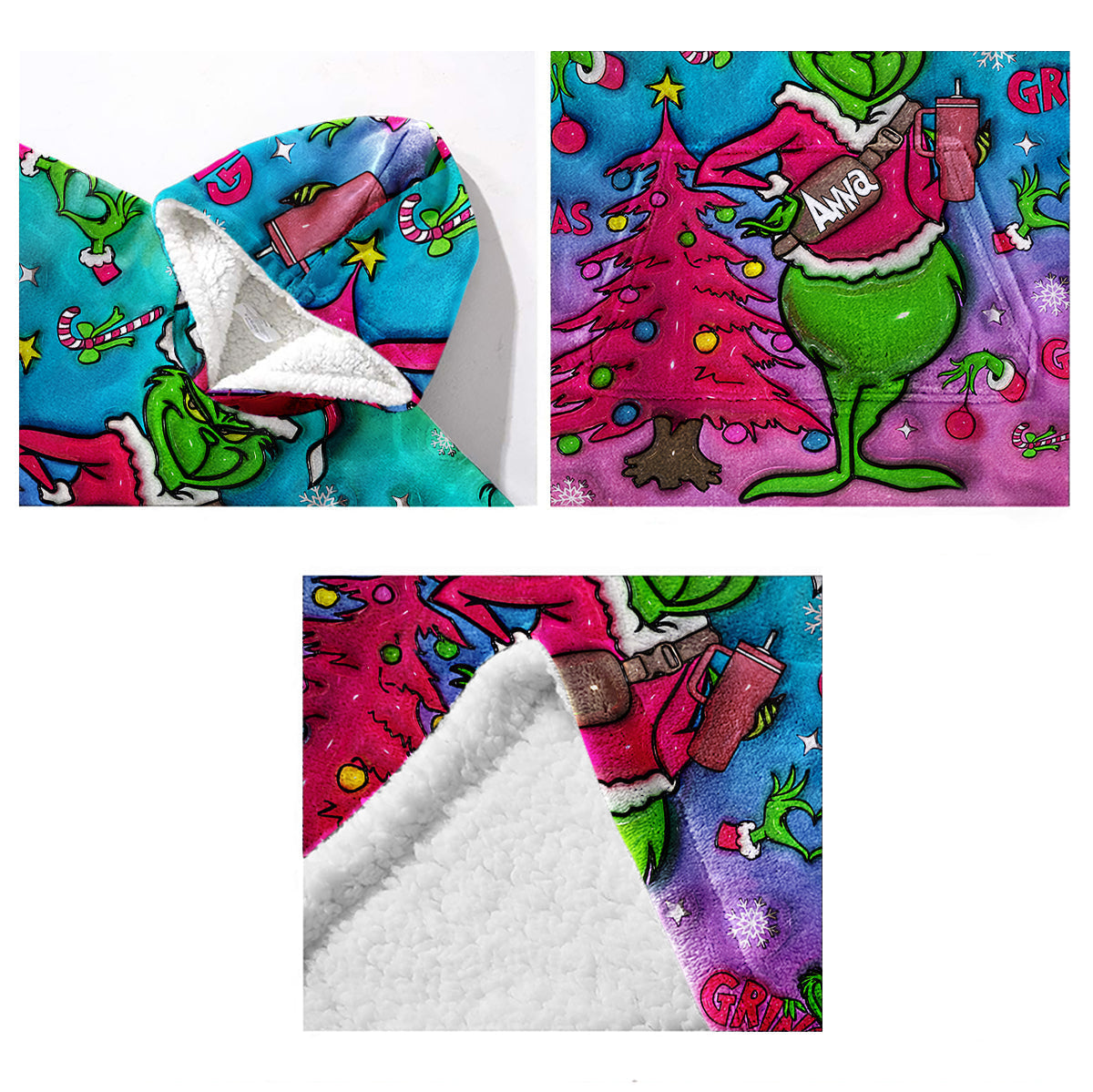 Personalized Grinch Christmas Blanket Hoodie Gift for Kids