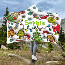 Load image into Gallery viewer, Personalized Christmas Hooded Blanket with Grinch &amp; Friends Gift for Kids
