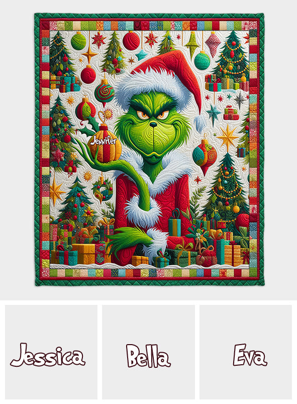 Personalized Grinch Christmas Quilt Custom Name Holiday Decor