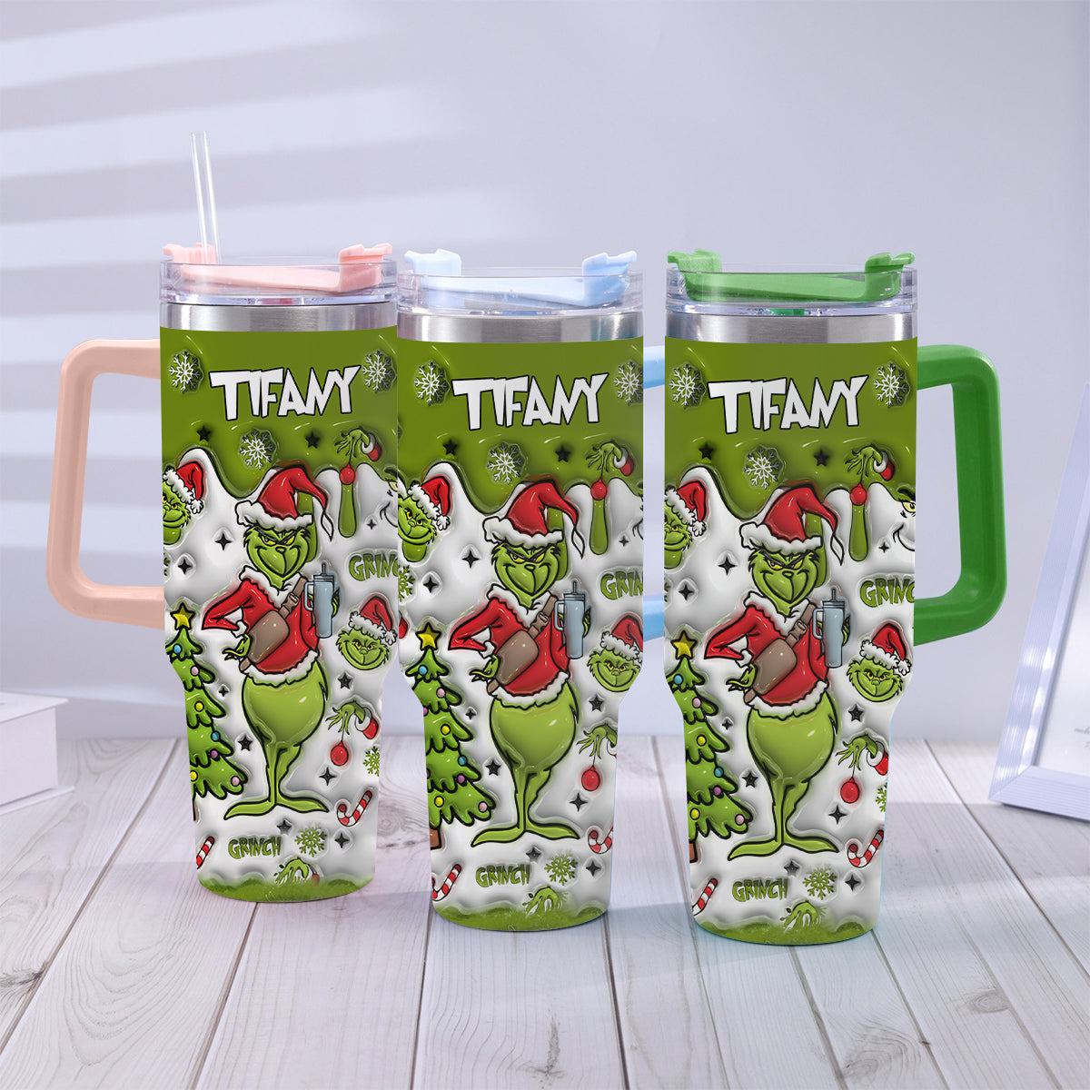 Personalized Grinch Christmas Tumbler with Handle Gift for Mom