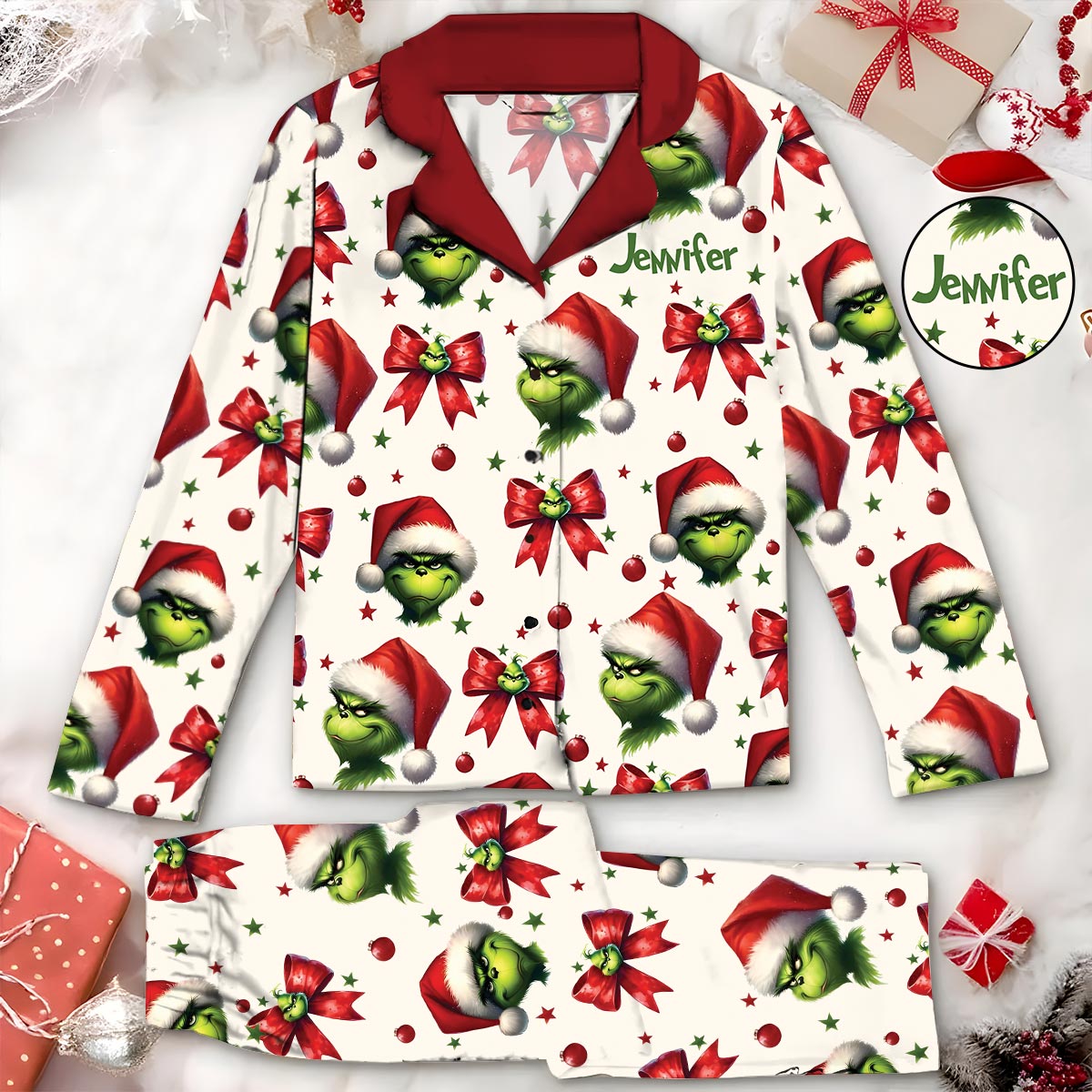 Personalized Grinchmas Button Down Pajamas for Christmas